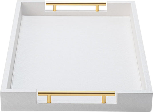 White Leather Decotative Coffee Table Tray,Modern Large Ottoman Tray Rectangle Serving Tray with Handles for Living Room Party
