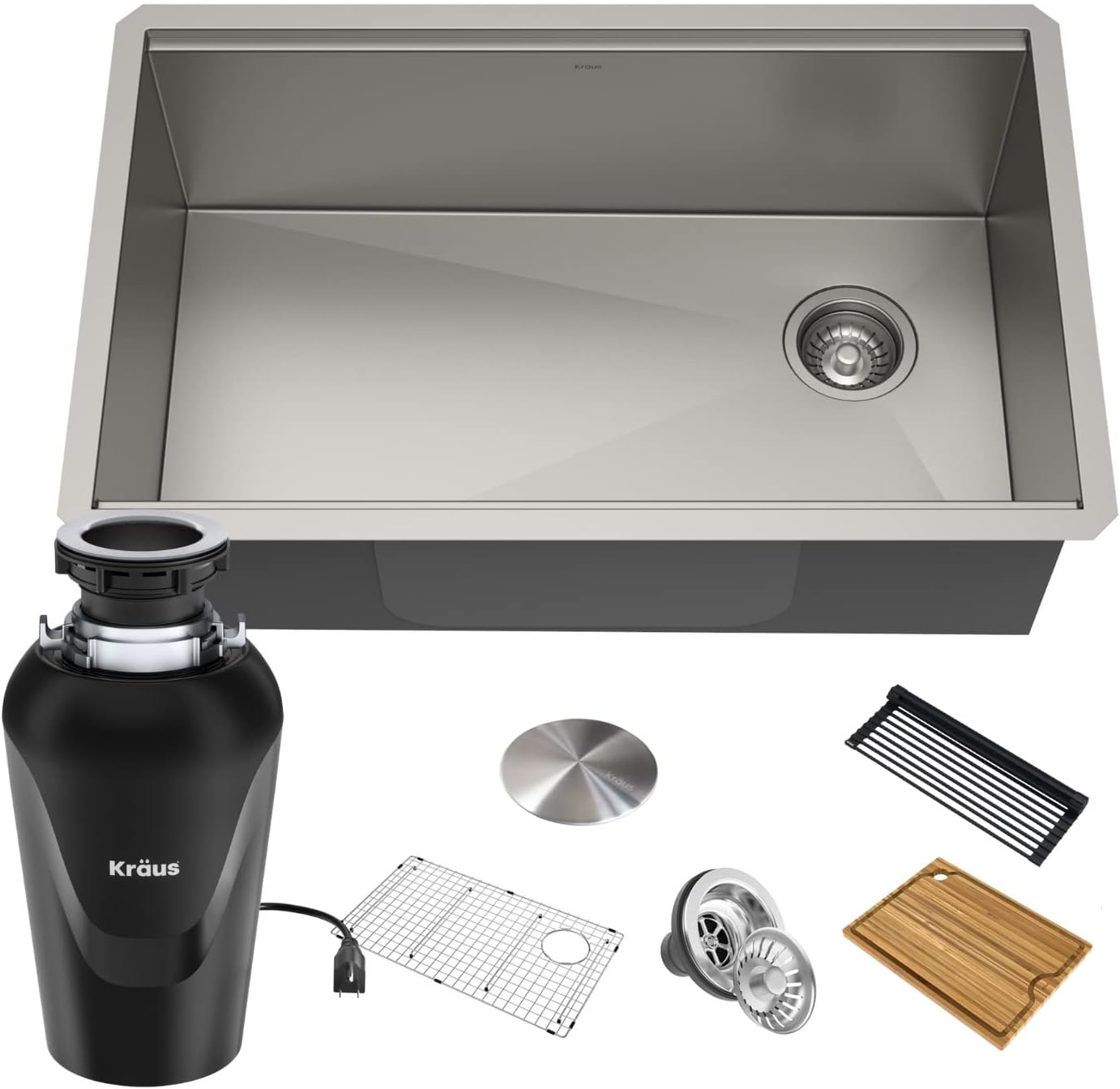 KRAUS Kore Workstation 30-inch Undermount 16 Gauge Stainless Kitchen Sink, Single Bowl Kitchen Sink with 3/4 HP Garbage Disposal, KWU110-30-100-75MB
