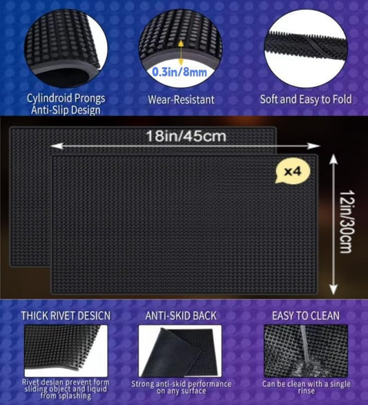 WANGCHAO 4Pack Black Bar Mats 18" x 12" Rubber Dish Drying Mat for Countertop Non Slip Cocktail Service Spill Mats for Bartending Coffee Bar or Home Kitchen (4pcs18x12)