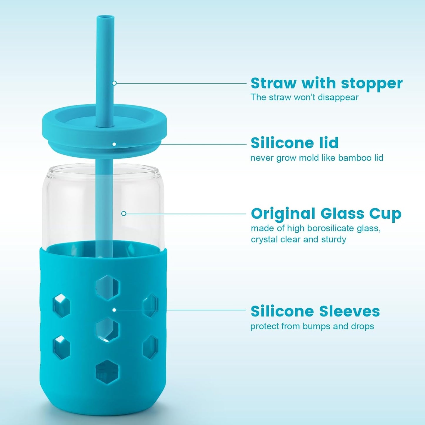 Glass Cups with Lids and Straws (4 Pcs), 16oz Drinking Glasses Set with Silicone Sleeves for Coffee Bar Accessories Iced Coffee Cups with Lids, Glass Tumbler Reusable for Gifts