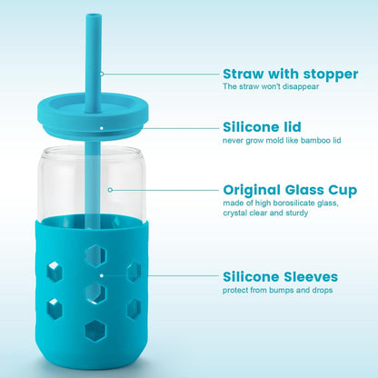 Glass Cups with Lids and Straws (4 Pcs), 16oz Drinking Glasses Set with Silicone Sleeves for Coffee Bar Accessories Iced Coffee Cups with Lids, Glass Tumbler Reusable for Gifts