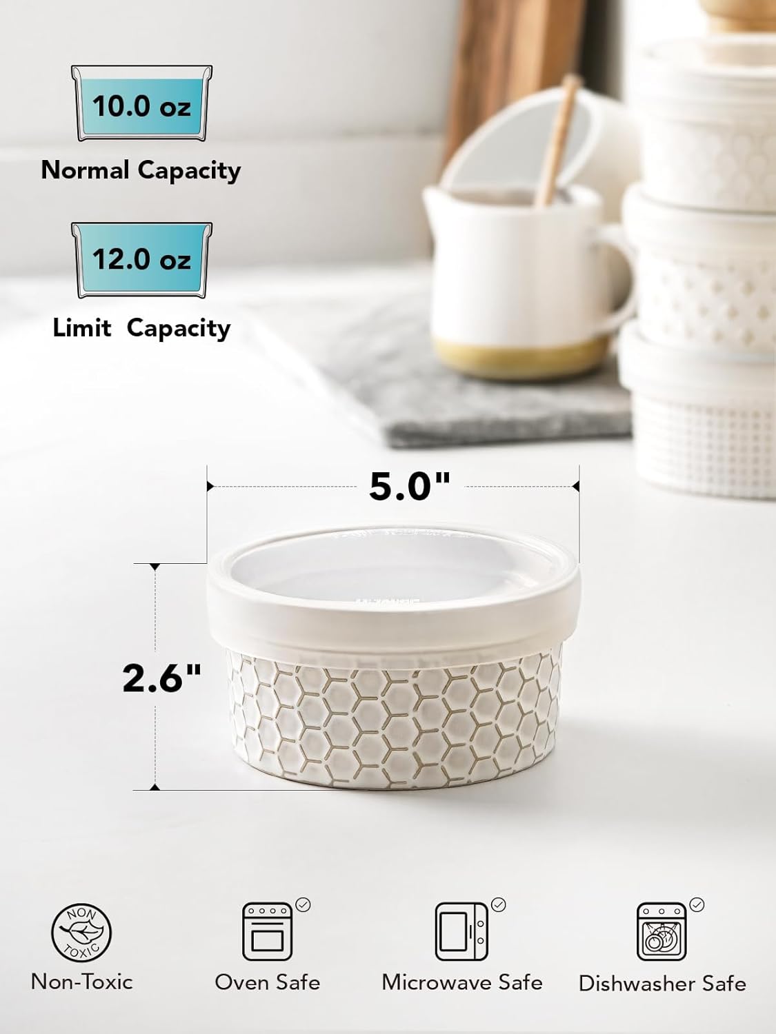 LE TAUCI Ramekins Oven Safe with Lids, 12 oz Ramikin Set for Creme Brulee, Souffle, Dipping Sauce, Onion Soup, Ceramic Food Storage Container - 5 inch, Set of 4, Arctic White