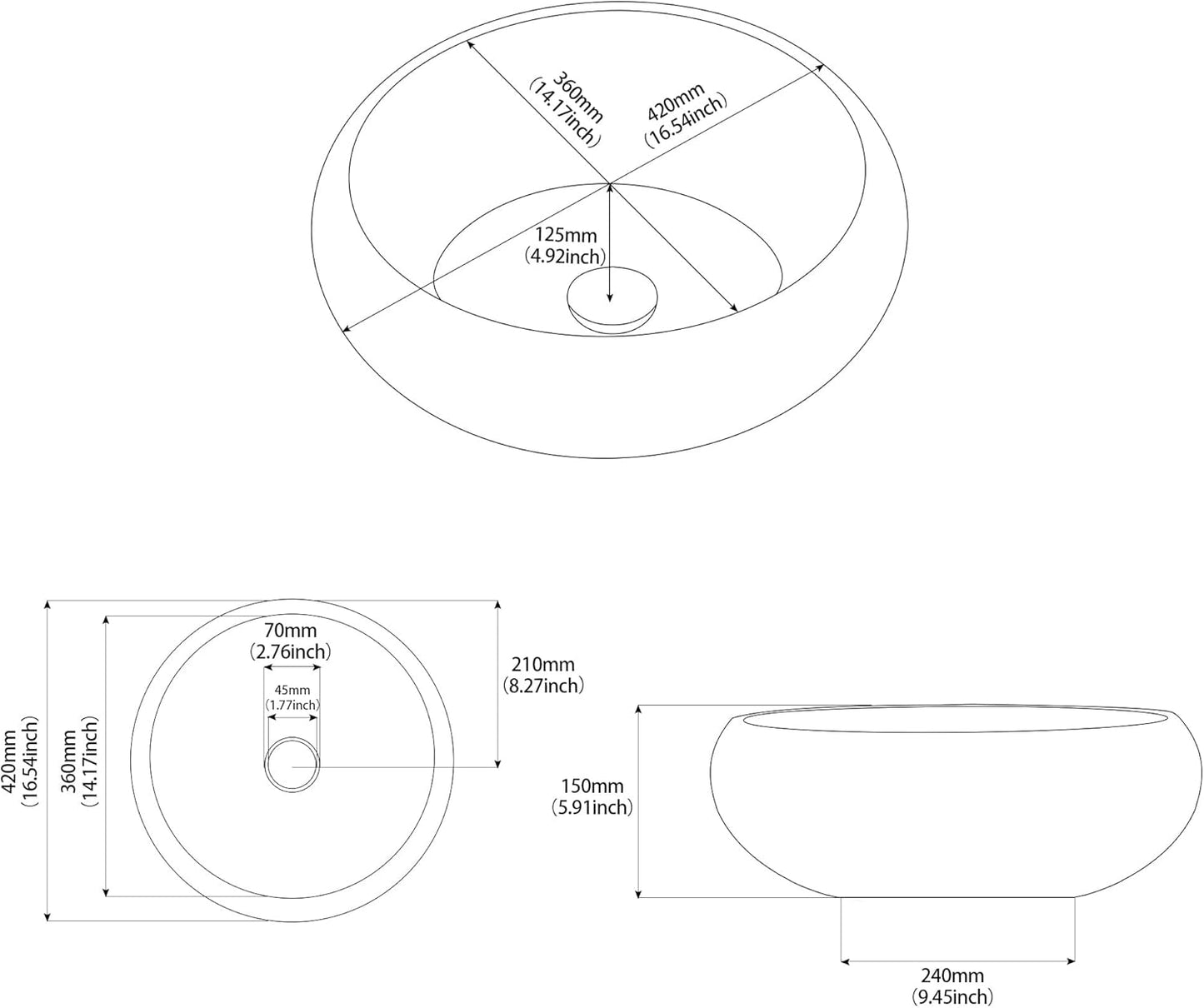 Vessel Sink Round 16 Inch Bathroom Sink, Counter Top Black+ Coffee Color Cloakroom Porcelain Ceramic Vessel Vanity Sinks Art Basin for Bathroom, Lavatory, Vanity Cabinet(16 x 6 Inch)