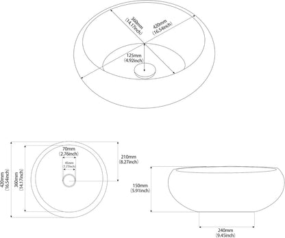 Vessel Sink Round 16 Inch Bathroom Sink, Counter Top Black+ Coffee Color Cloakroom Porcelain Ceramic Vessel Vanity Sinks Art Basin for Bathroom, Lavatory, Vanity Cabinet(16 x 6 Inch)