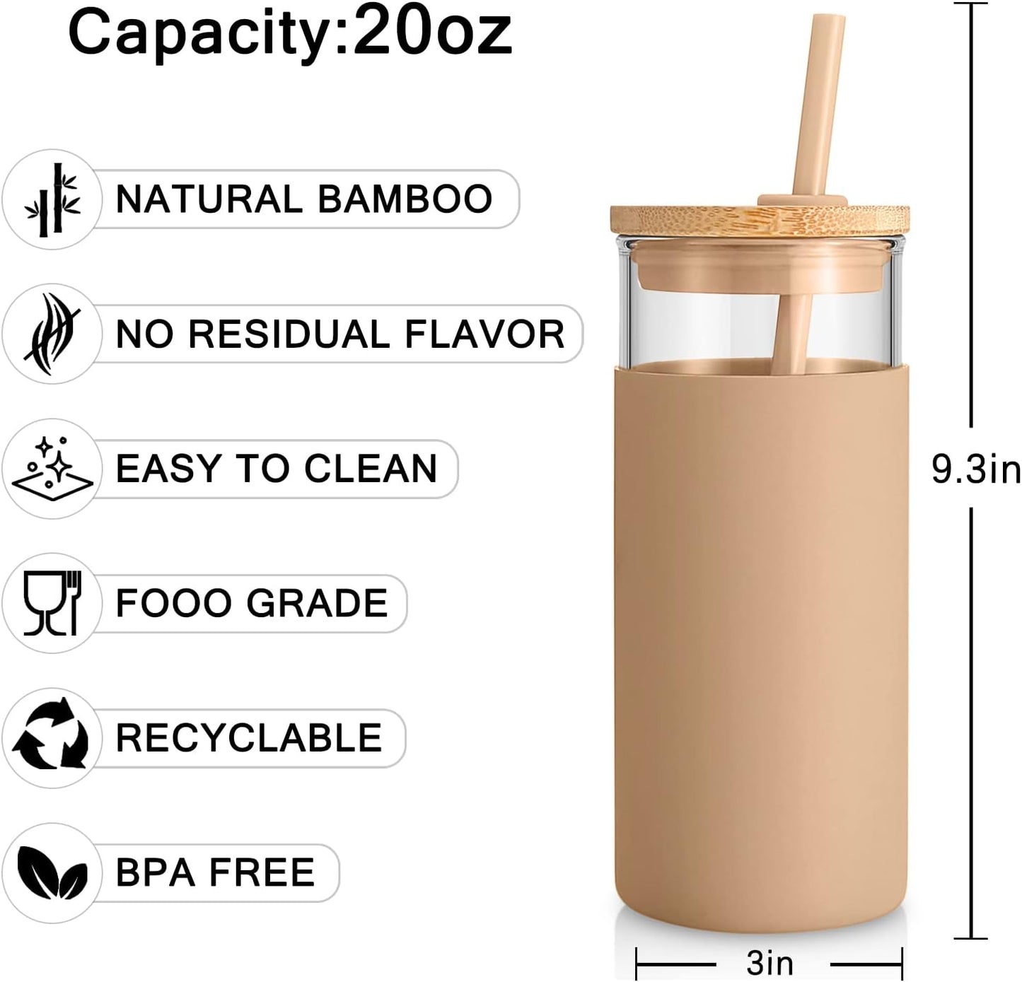Tronco 20 oz Glass Tumbler with Lid and Straw, Iced Coffee Cup and Smoothie Cup with Bamboo Lids & Protective Silicone Sleeve, Dishwasher Safe, BPA-Free, Glass Cup 1 Pack