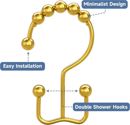 Titanker Shower Curtain Hooks Rings Gold, Metal Double Glide Shower Hooks Rings for Bathroom Shower Rods Curtains, Set of 12 Hooks - Dark Gold