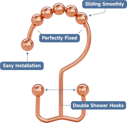 Titanker Shower Curtain Hooks Rings Rust Resistant Metal Double Glide Shower Hooks Rings for Bathroom Shower Rods Curtains, Set of 12 Hooks - Rose Gold