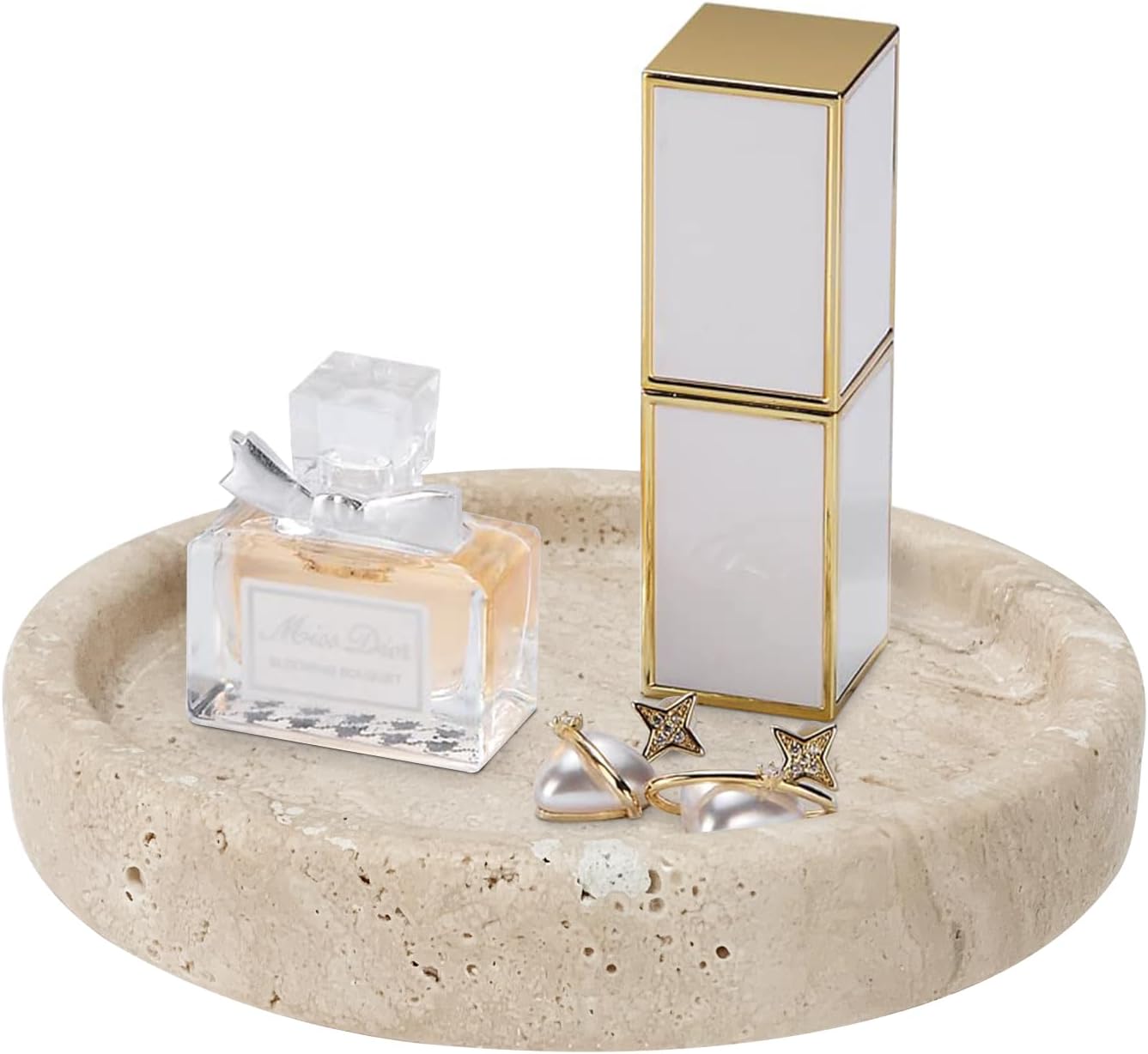 Travertine Tray, Small Ceramic Vanity Tray for Bathroom Counter Decor, Round Marble Decorative Trays for Coffee Table (Beige, Small Size)