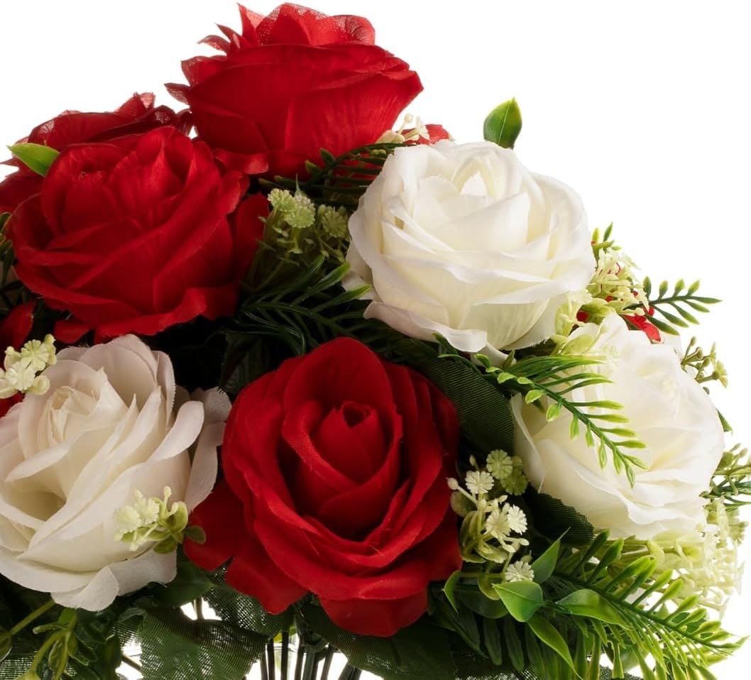 ENOVA FLORAL 18 Heads Silk Rose Artificial Flowers in Vase,Faux Rose Flowers Arrangement in Round Bowl Vase with Faux Water and River Rock for Table Decor Centerpieces (Cream Red)