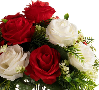 ENOVA FLORAL 18 Heads Silk Rose Artificial Flowers in Vase,Faux Rose Flowers Arrangement in Round Bowl Vase with Faux Water and River Rock for Table Decor Centerpieces (Cream Red)