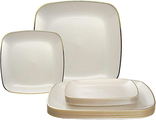 " OCCASIONS " 120 Pieces Pack,(60 Guests) Premium Wedding Party Disposable Plastic Plates Set -60 x 10'' Dinner + 60 x 7'' Salad/Dessert (Belize Square in Ivory & Gold)