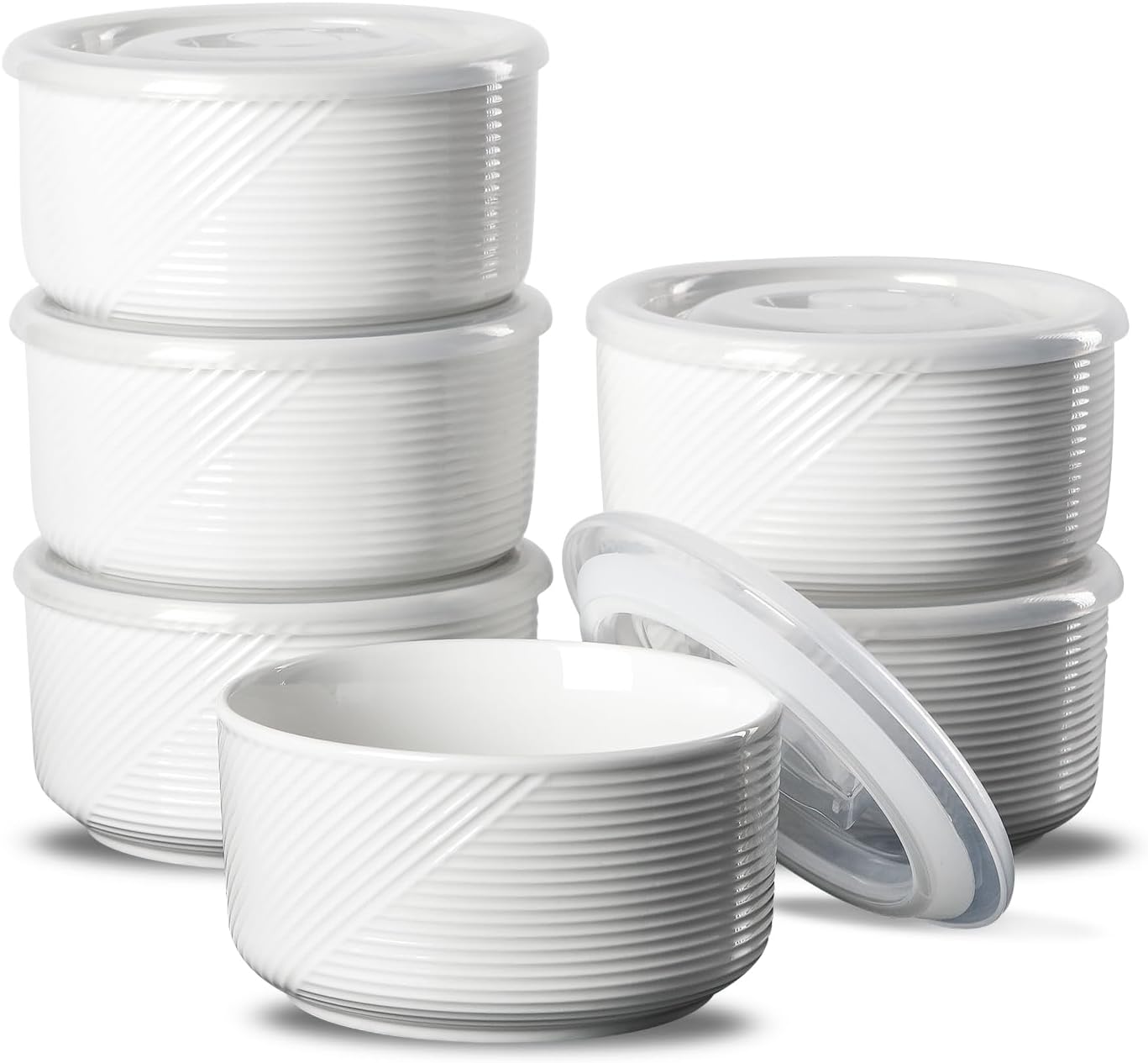 Ceramic Bowls with Lids: 20 oz Microwave Safe Food Storage Containers for Soup, Salad, Cereal, Leftovers, Meal Prep, Lunch, Picnic, Camping, Serving - Airtight, White, Set of 6