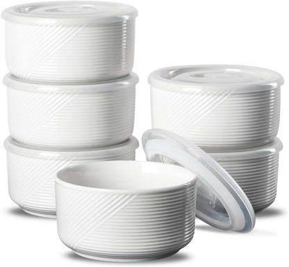 Ceramic Bowls with Lids: 20 oz Microwave Safe Food Storage Containers for Soup, Salad, Cereal, Leftovers, Meal Prep, Lunch, Picnic, Camping, Serving - Airtight, White, Set of 6