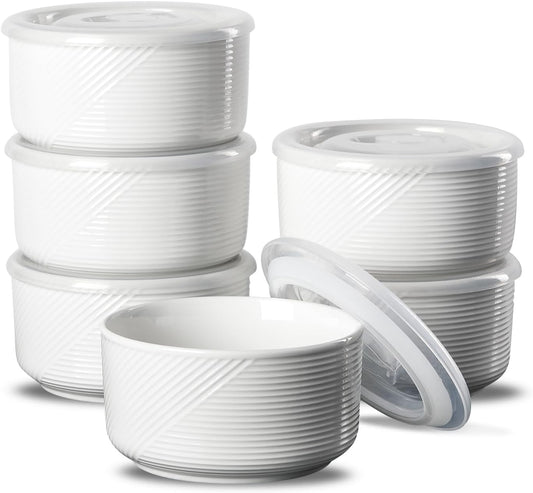 Ceramic Bowls with Lids: 20 oz Microwave Safe Food Storage Containers for Soup, Salad, Cereal, Leftovers, Meal Prep, Lunch, Picnic, Camping, Serving - Airtight, White, Set of 6