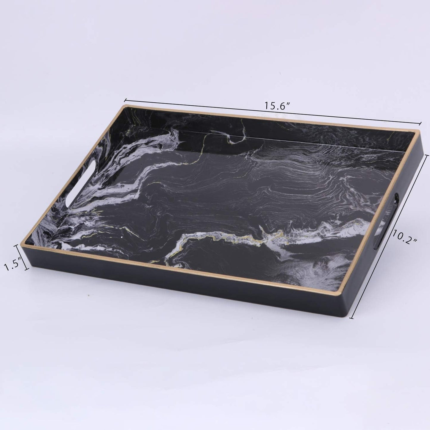 Zosenley Decorative Tray, Marbling Plastic Tray with Handles, Rectangular Vanity Tray and Serving Tray for Bathroom, Kitchen, Ottoman and Coffee Table, 15.6” x 10.2”, Black