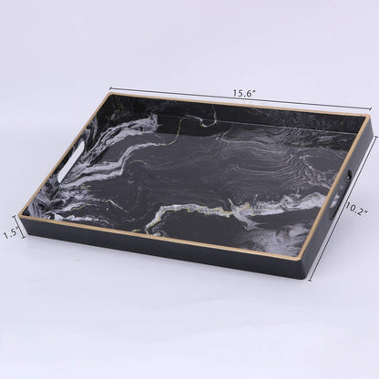 Zosenley Decorative Tray, Marbling Plastic Tray with Handles, Rectangular Vanity Tray and Serving Tray for Bathroom, Kitchen, Ottoman and Coffee Table, 15.6” x 10.2”, Black
