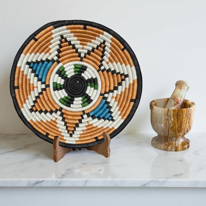 Handwoven African Basket Handmade sisal Fruit Bowl Wall Hanging decorative Baskets for Home Living Room Kitchen Centerpiece Zen Designs Arts and Crafts (Rust Orange Blue Black, 10in diameter)