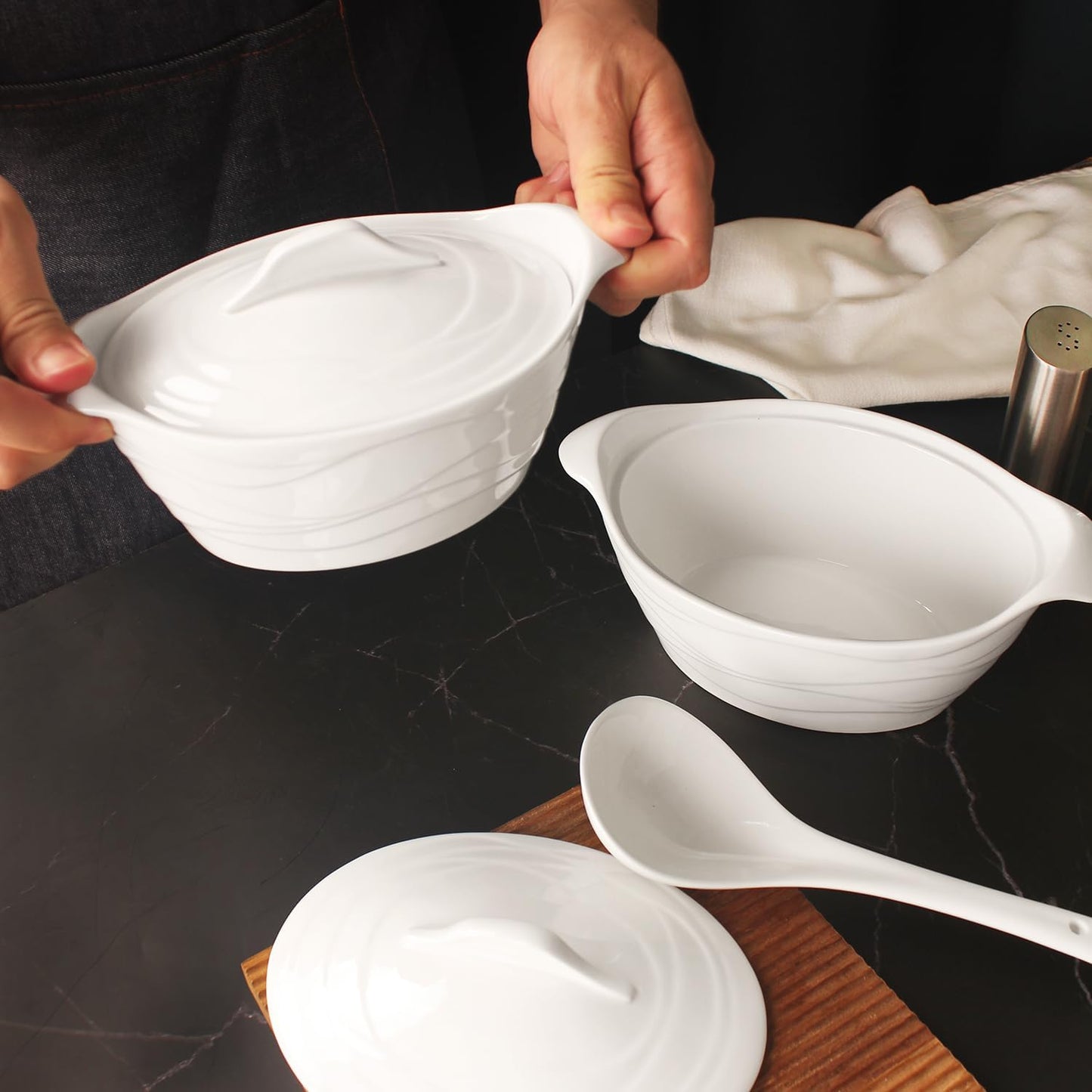 8" x 6" Ceramic Casserole Dish with Lids 31 Oz White French Soup Tureen Bakeware Set with Handle - 10 IN, Chip and Crack Resistant Baking Dish, Microwave, Dishwasher, Oven, Fridge Safe