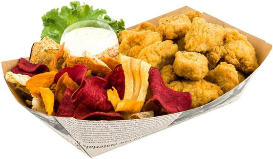 Restaurantware Bio Tek 2 Pound Food Boats 50 Disposable Paper Food Trays - Heavy-Duty Greaseproof Newsprint Paper Boats For Snacks Appetizers Or Treats Use At Parties Or Carnivals