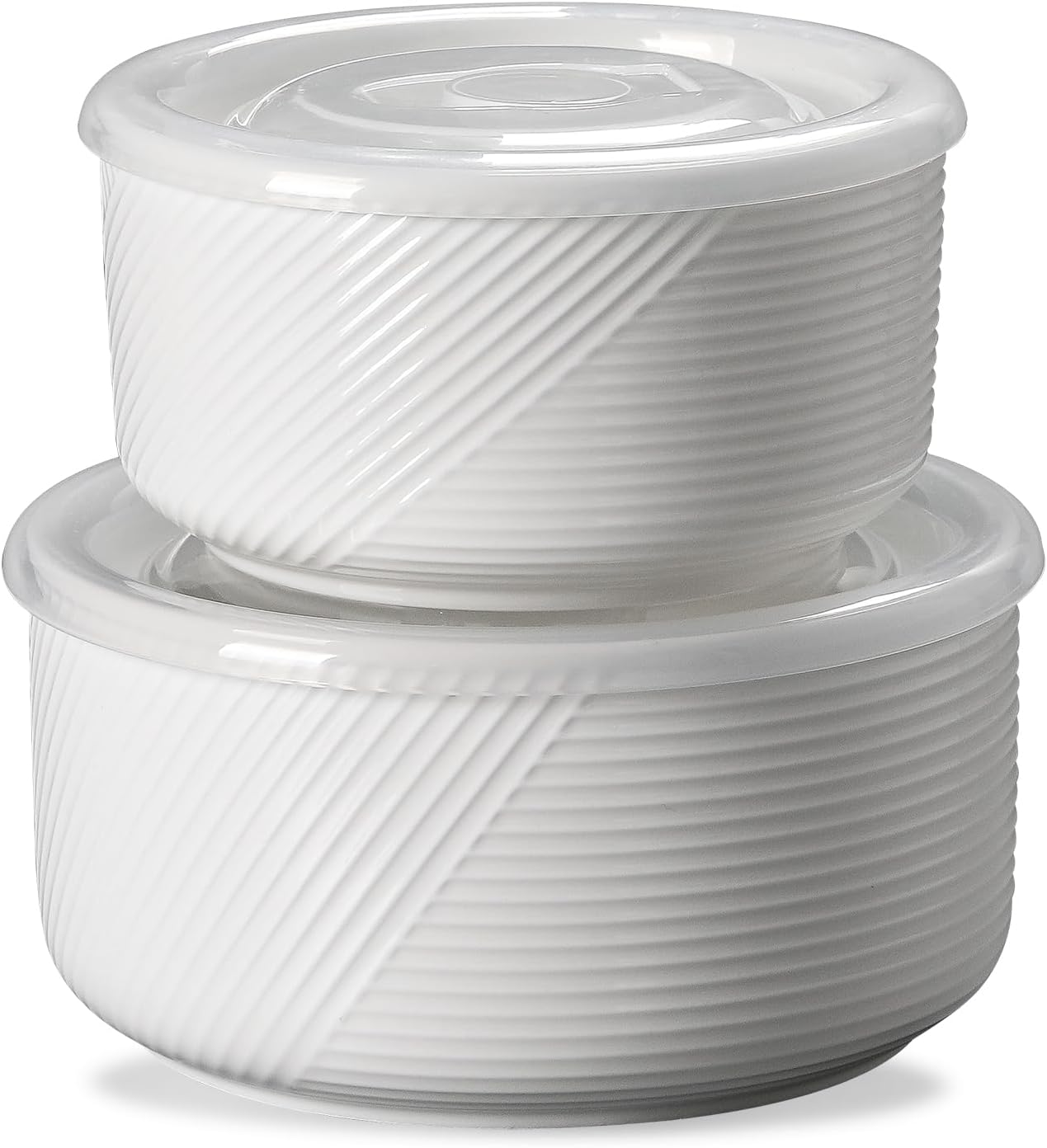Ceramic Nesting Bowls with Lid: Microwave Safe Food Storage Containers for Work Lunch Picnic Camping Meal Prep Soup Salad Cereal Leftovers - 5 & 6 Inch, 20 & 32 oz, Set of 2, White
