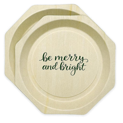 Perfectware Disposable Wooden Christmas Plates, 10.2 Inch Octagon Shape, Be Merry and Bright Green Print, 25 Count