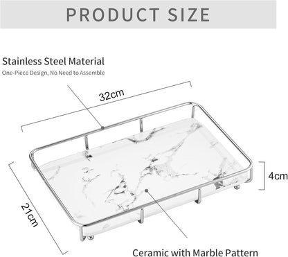 Vanity Tray Makeup Organizer Cosmetics Storage Bathroom Skincare Organizer Countertop Display Rack in Dresser Stainless Steel Shelf Marble Print Ceramic Trays