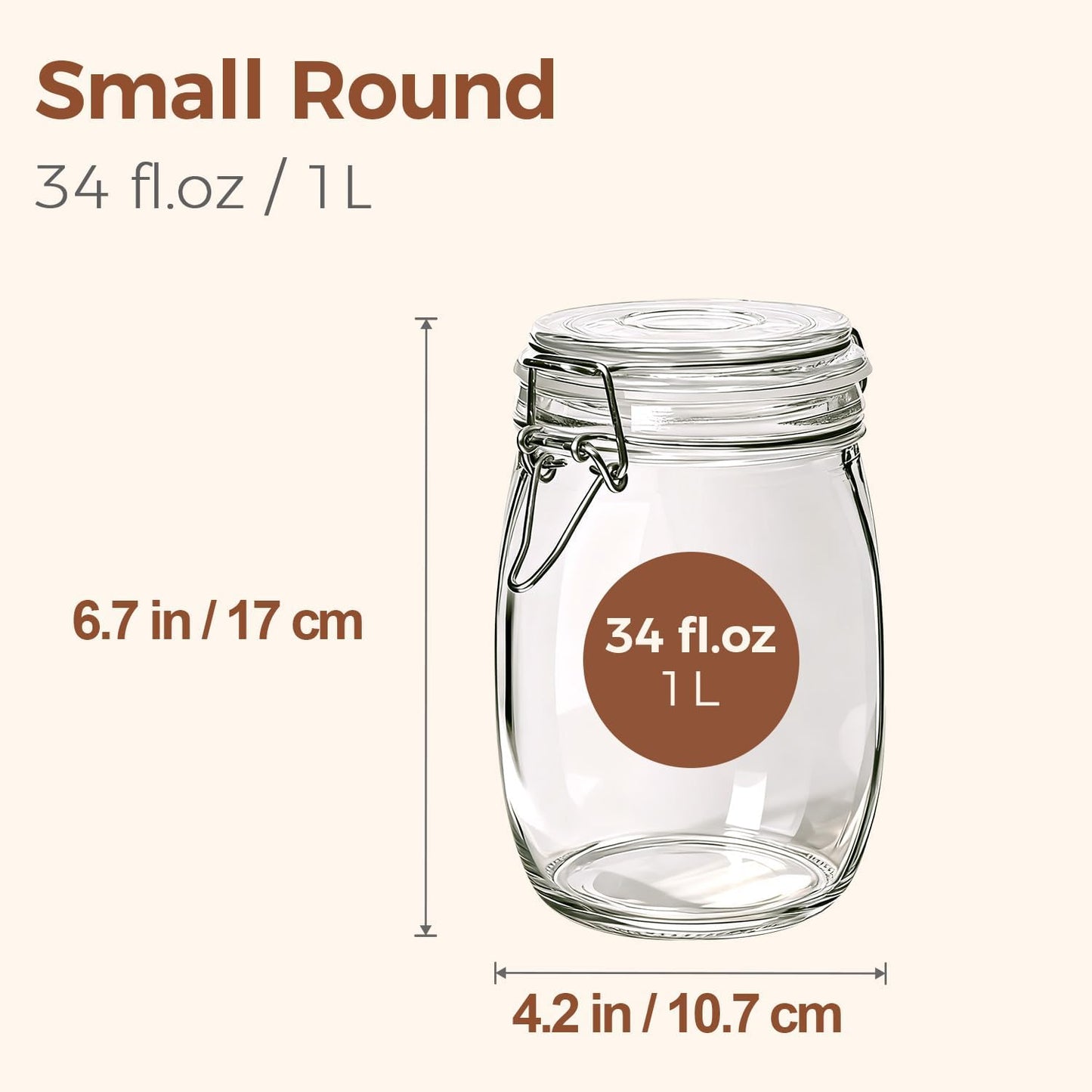 ComSaf Airtight Glass Canister Set of 3 with Lids 34oz Food Storage Jar Round - Storage Container with Clear Preserving Seal Wire Clip Fastening for Kitchen Canning Cereal,Pasta,Sugar,Beans,Spice