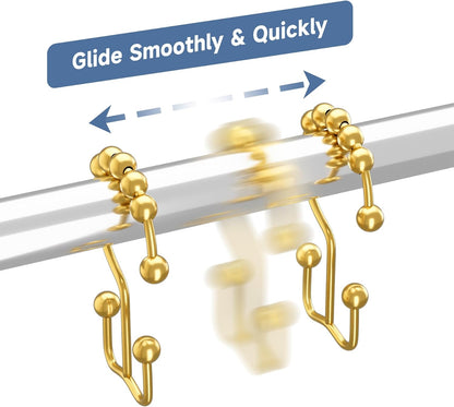 Titanker Shower Curtain Hooks Rings Gold, Metal Double Glide Shower Hooks Rings for Bathroom Shower Rods Curtains, Set of 12 Hooks - Dark Gold