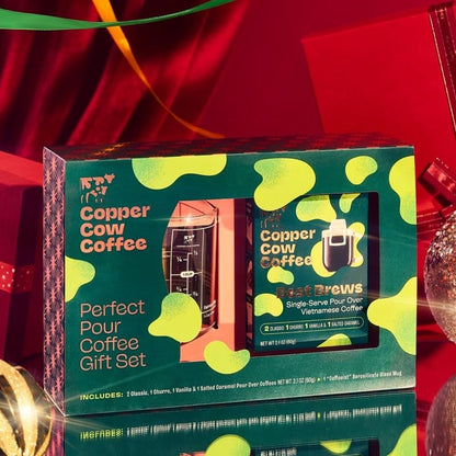 Copper Cow Coffee with Glass Mug & 5 Premium Vietnamese Pour Over Ground Coffees (Classic, Vanilla, Churro, Salted Caramel)