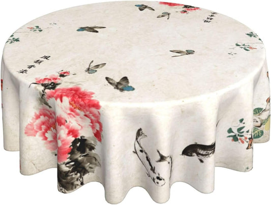 Chinese Tablecloth, Traditoanl Landscape Floral Oriental Koi Vintage Ink Painting Japanese Water Resisitant Table Cover for Dining Kitchen Living Room Home Party Holiday Decor 60 inch Round