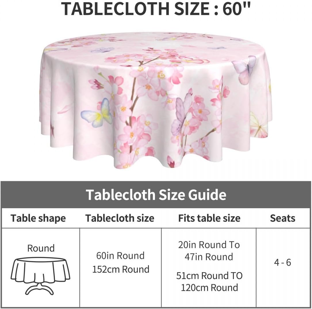Cherry Blossom Tablecloth, Watercolor Pink Floral Butterfly Seasonal Farmhouse Water Resisitant Wipeable Table Cover for Dining Kitchen Living Room Home Party Holiday Decor 36 inch Round