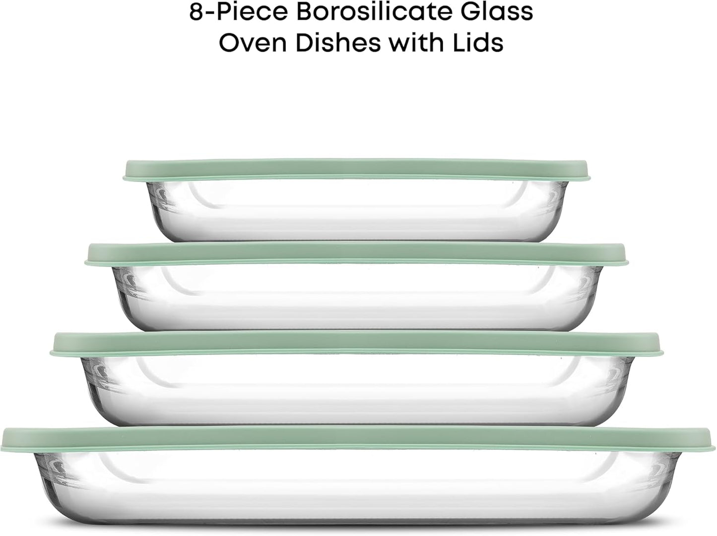 JoyJolt 8-Piece Borosilicate Glass Oven Dishes with Sage Green Lids, Rectangle Deep Glass Baking Dish Set, Baking Pans for Lasagna Casserole Cake, Bakeware Set, Freezer to Oven Tray to Dishwasher