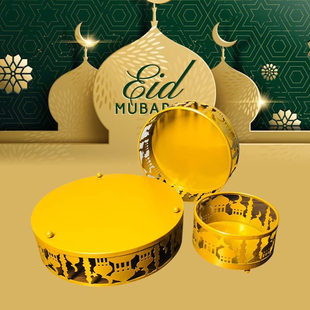3PCS Ramadan Decoration Ramadan Trays, Ramadan Decor Metal Moon Ramadan Tray Set Eid Mubarak Plates Food Storage Containers Round Dinner Plate for Eid and Eid Al-adha Ramadan Activity Party Favor