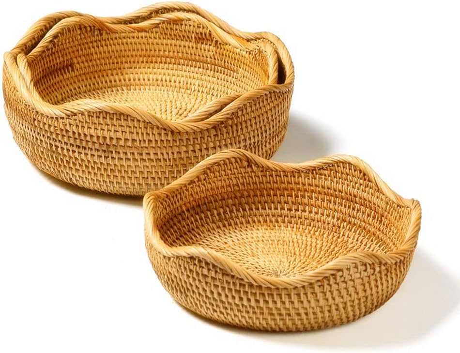 Handmade Rattan Round Fruit Basket Food Storage Bowls Kitchen Organizer Snack Serving Bowl 9 10 Inch Wavy Edge Circle Tray Basket with 3” Deep Wall, Boho Décor Display Tray Bowl (2-Size Kit)