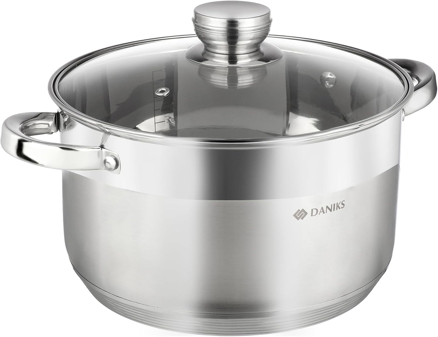 Daniks Standard Stainless Steel Stock Pot with Glass Lid – Induction 7 Quart, Dishwasher Safe, Measuring Scale, For Soup, Pasta, Stew, Silver