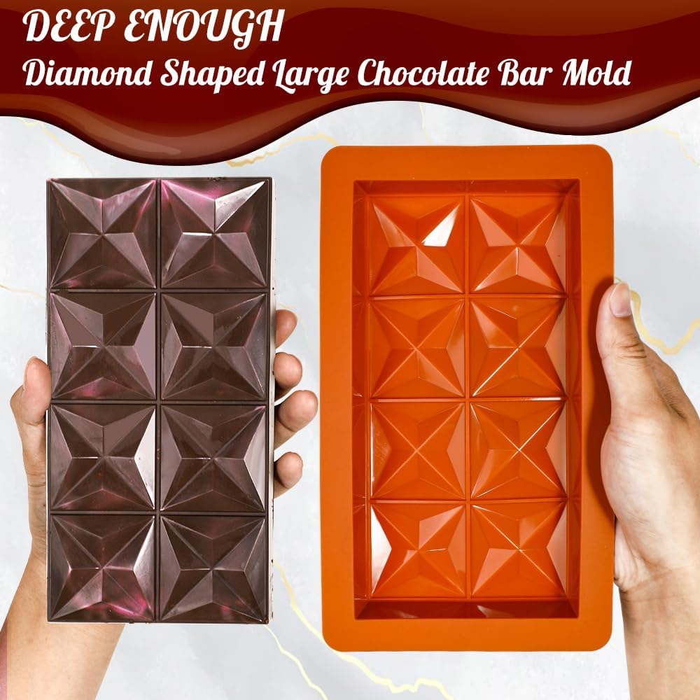 Webake 1 Inch Deep Dubai Chocolate Bar Mold Deep with Diamond Shapes, Silicone Large Stuffed Chocolate Bar Mold Thick, Big Chocolate Candy Bar Mold for Filling Knafeh Pistachio, Pack of 2