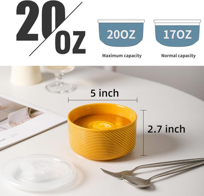 Ceramic Bowls with Lids: 20 oz Microwave Safe Food Storage Containers for Soup, Salad, Cereal, Leftovers, Meal Prep, Lunch, Picnic, Camping, Serving - Airtight, Yellow, Set of 4