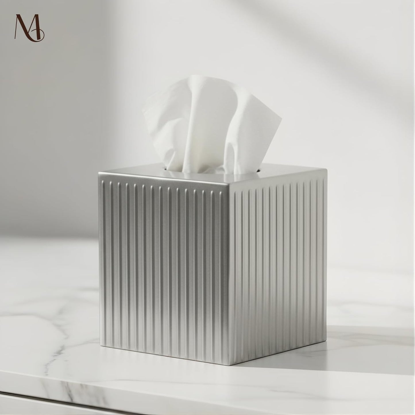 Monarch Abode Tissue Box Cover Square – Handcrafted Ridge Embossed Pewter Metal Tissue Holder Box for Bathroom Accessory, Aesthetic Decorative Facial Napkin Cube for Modern Home Decor