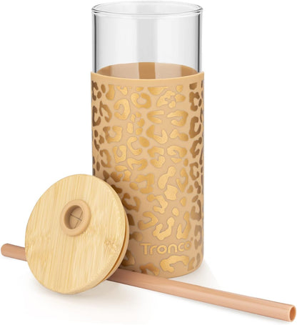 Tronco 20 oz Glass Tumbler with Lid and Straw, Iced Coffee Cup and Smoothie Cup with Bamboo Lids & Protective Silicone Sleeve, Dishwasher Safe, BPA-Free, Glass Cup 1 Pack
