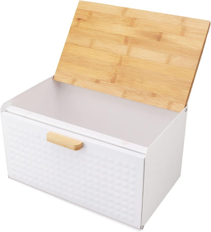 Asixxsix Bread Box with Wood Lid, Vintage Bread Storage Bread Bin Large Capacity Bread Box Modern Bread Keeper Holder Kitchen Counter Bread Storage Container for Homemade Bread, Bagel (White)