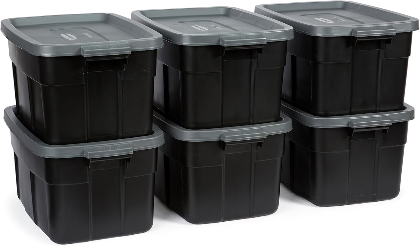 Rubbermaid Heavy Duty Black Storage Bins Plastic Totes with Lids for Storage, Stackable, Large Capacity, Durable, Multipurpose, 14 GAL, 6 Pack (14 GAL - 6 Pack Solid Black and Grey)