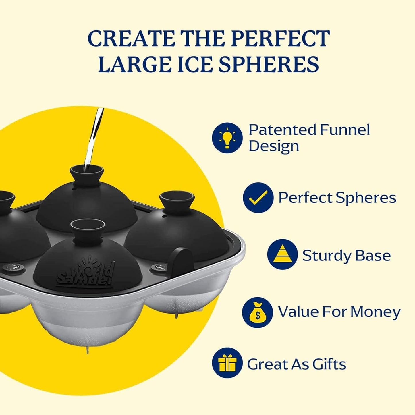 Samuelworld Large Silicone Premium Ice Trays, 2-Pack Combo, 2 Inches Big Ice Cube Tray & 2.5 Inches Large Ice Sphere - BPA Free, Craft Ice Maker for Gifting, Whiskey, Cocktails, Easy Release - Black