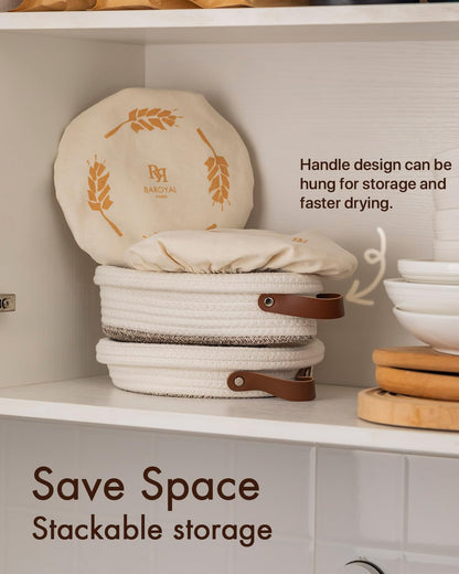 Crispier Crust Cotton Rope Banneton Bread Proofing Basket Set, Oval & Round Bread Baskets with Liners & Covers for Artisan Bread Baking, Sourdough Bread Baking Supplies(White-Mixed Brown)