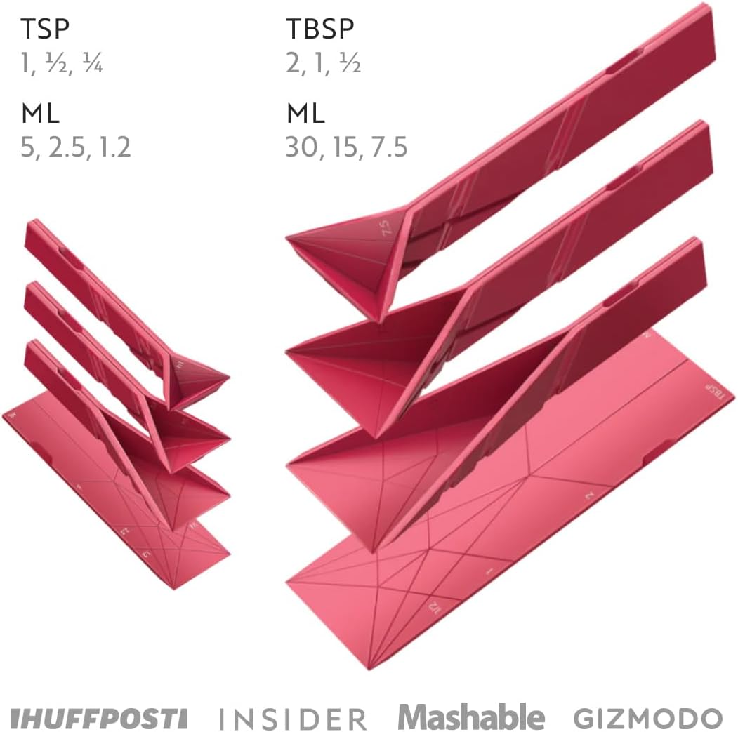 POLYGONS - Original Flat 3-in-1 Folding Measuring Spoons | 2 Spoons fold into 6 Sizes | Magnetic | DuraBend Tech lasts 100k+ folds | LeakProof for Wet & Dry | Gift Packaging | Baking/Cooking (Pink)