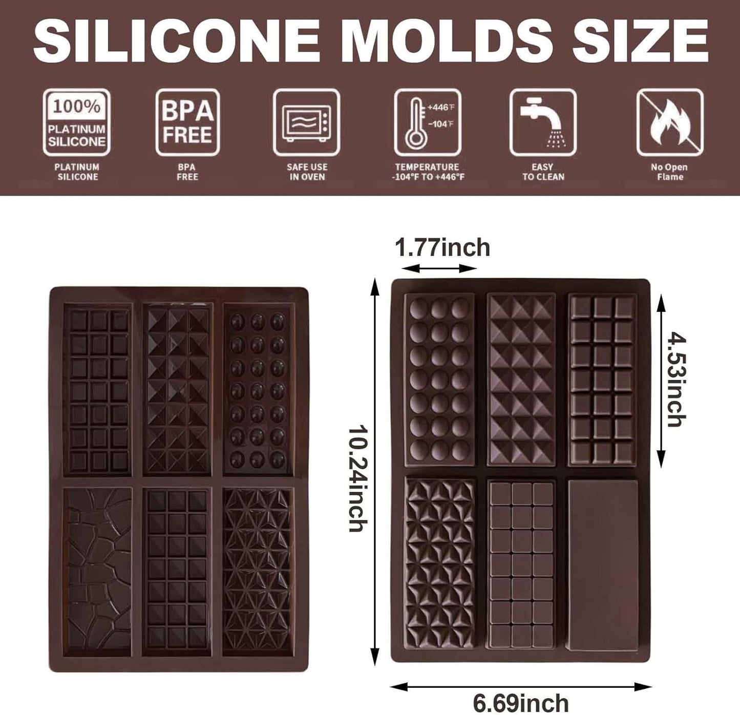 3pcs Non Stick Chocolate Mold, Food Grade Silicone Chocolate Block Mold, Suitable For Dubai Pistachios, Candies, Milk Chocolate Bars