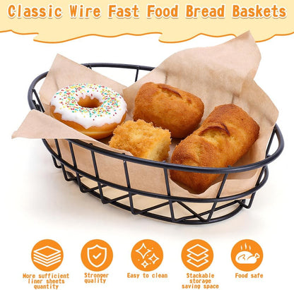 10 Pcs Wire Bread Basket Bulk 9.5 x6.2 x2.2 Inch Large Oval Metal Dinner Roll Baskets for Serving Fruit Bowl Storage with 50 Sheet Deli Wrapper Paper for Restaurant Kitchen Fast Food