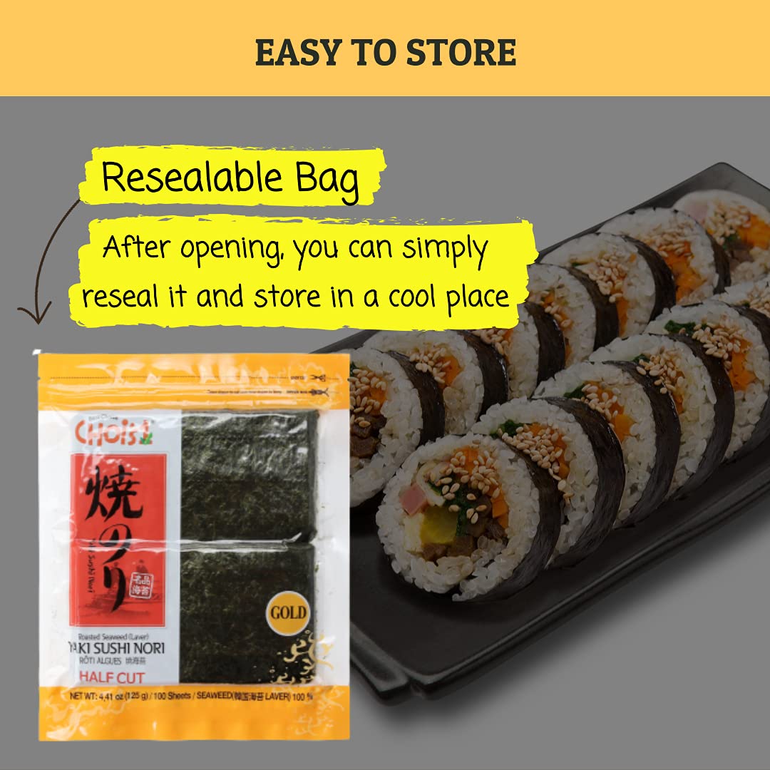 CHOI's 1(Daechun) Roasted Seaweed, GIM, Sushi Nori(100 Half Sheets)/ Resealable, Gold Grade/Product of Korea/Kimbap, Gimbap, Vegan, Keto, Gluten Free, Full of Fiber, Vitamin, Mineral, High protein