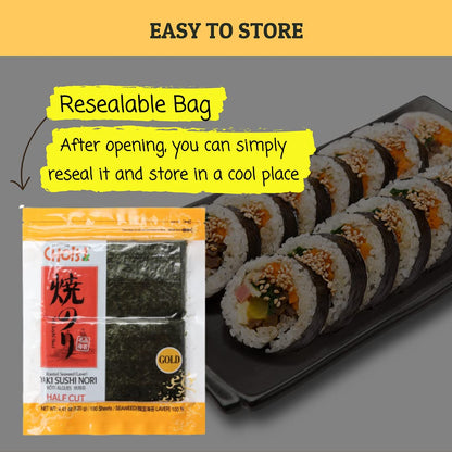 CHOI's 1(Daechun) Roasted Seaweed, GIM, Sushi Nori(100 Half Sheets)/ Resealable, Gold Grade/Product of Korea/Kimbap, Gimbap, Vegan, Keto, Gluten Free, Full of Fiber, Vitamin, Mineral, High protein