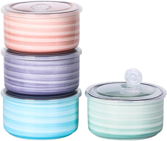 Selamica Ceramic Bowls with Lids, 14 OZ Microwave Safe Bowls with Lids for Lunch Picnic, 5 Inch Ceramic Food Storage Containers for Leftovers, Soup, Salad, Meal Prep, Cereal, Set of 4, Gradient Color