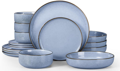 Herogo Stoneware Dinnerware Sets with Salad Bowls, Dinner Plates and Bowls Sets for 4, 16 Piece Dishware Place Setting for Kitchen, Chip & Scratch Resistant Dishware, Haze Blue